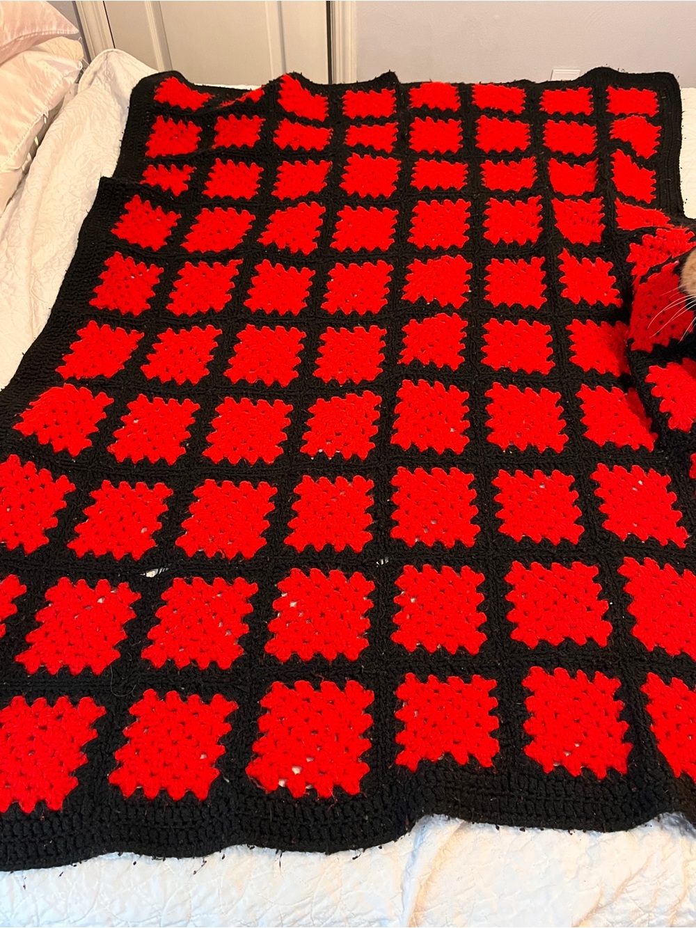 Handmade Granny Square Crochet Afghan Red Black Throw Blanket Vintage Roseanne